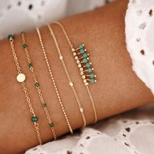 *CHANA* 5-Pc Gold x Green Minimalist Bracelet Set